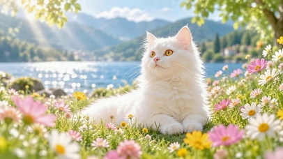 湖畔花丛中的纯白长毛猫