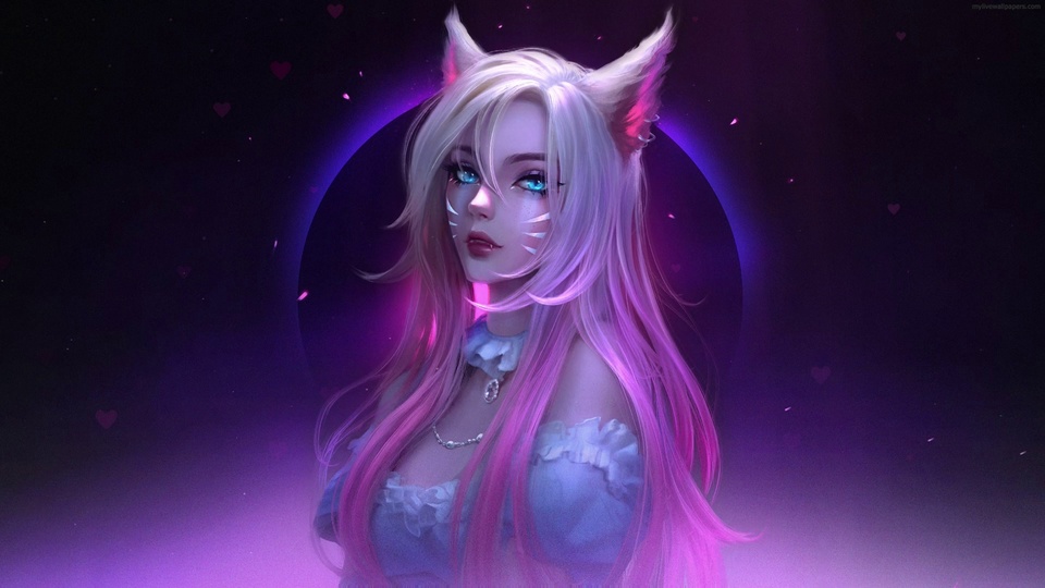 紫黑霓虹背景前的粉紫长发兽耳少女，身后环绕紫蓝色霓虹光圈