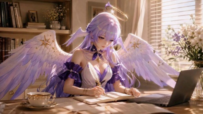 窗边紫发天使美少女