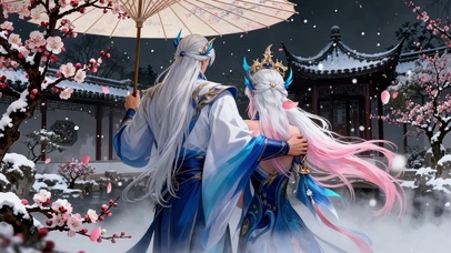 古风雪中情侣共撑油纸伞
