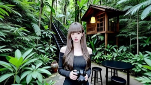 丛林小屋处拍摄自然风景的美女1