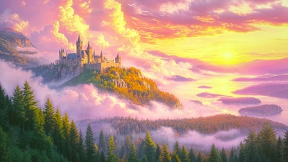 夕阳高山云海城堡