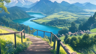 白云树木河流绿景山川带鱼屏