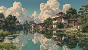 白云蓝天河岸古城建筑