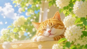 暖阳花畔酣睡的橘猫