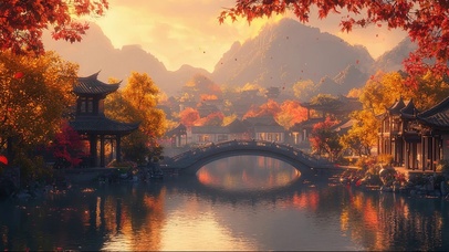 秋日古朴古桥湖畔建筑