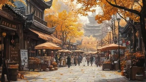 秋日古城商业热闹街道