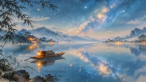 夜晚湖面小船