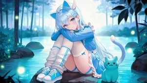 蓝发少女溪边