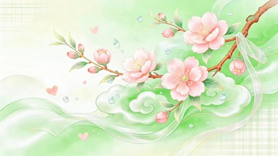 小清新薄荷绿桃花柔雾国风治愈