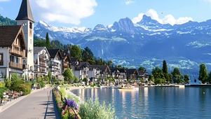 护眼蓝天白云树木河流绿景带鱼屏