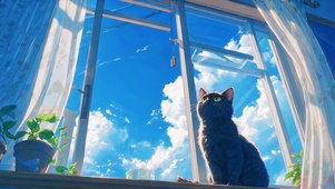 蓝天下窗边猫咪