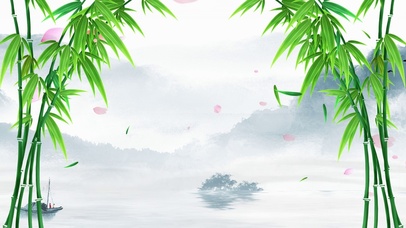 中国风水墨画竹子河流船只唯美