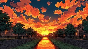 梦幻晚霞城镇河岸