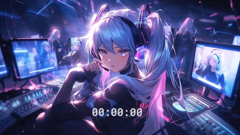 蓝粉双马尾戴耳机的少女坐在霓虹音控台前