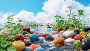 铜钱草溪水鹅卵石