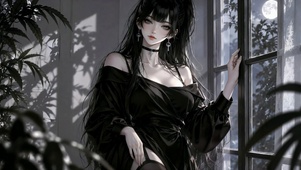 月夜窗边黑裙冷艳美女