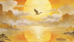 古风夕阳山水带鱼屏