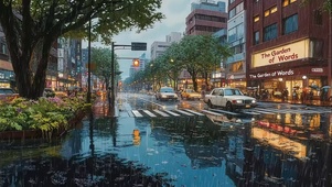 清冷城市街头傍晚雨夜