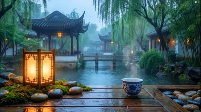 江南园林雨景