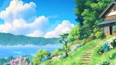 护眼白云树木河流带鱼屏