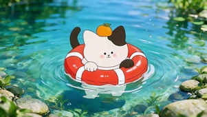 清凉夏日嬉水小猫