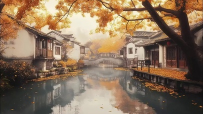 秋日黄叶溪流古城建筑