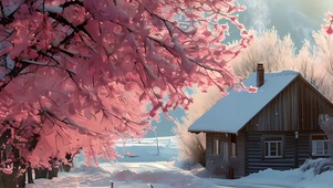雪景樱花树木房屋宽屏