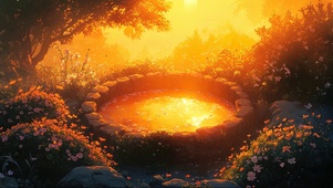 夕阳森林金色古井落日