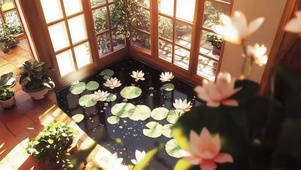 俯瞰园林池塘荷花美景