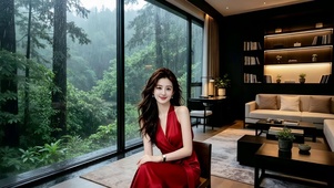 林间别墅坐在床边的红衣美女2