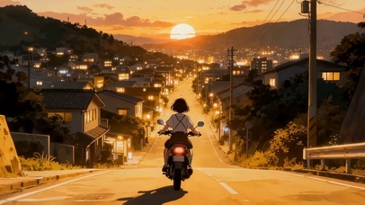 治愈日系卡通女孩骑摩托夕阳回家