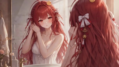 镜前红发美少女