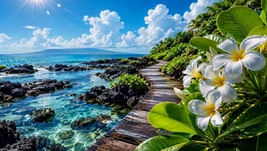 清新海边栈道治愈风景