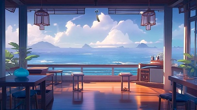 治愈插画海景小屋