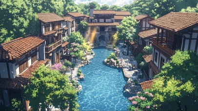 绿色夏日古镇庭院泳池