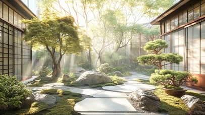 清新温暖阳光绿色庭院