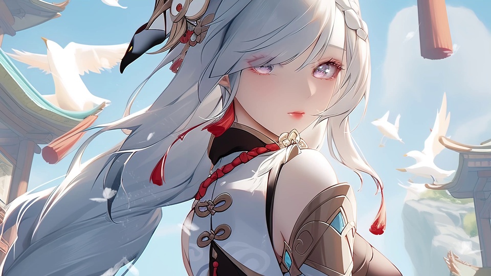 二次元插画中银白长发的申鹤上半身特写，背景为中式古风仙家建筑与晴朗浅蓝天空。