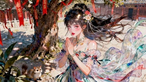 古树下祈愿的古风美少女