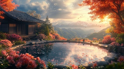 落日静谧山林温泉小屋