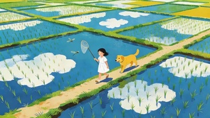 晴朗田间小女孩与大黄