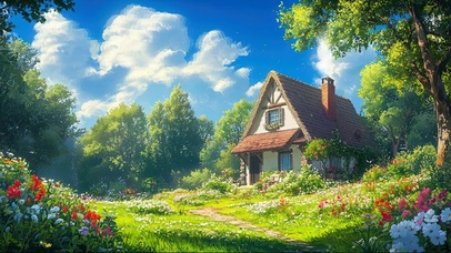 蓝天白云晴天花海木屋