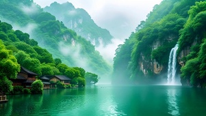 清新绿色治愈山水瀑布