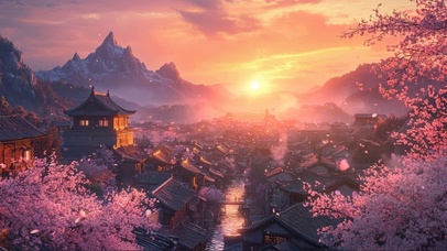 春日晚霞粉樱古城风景