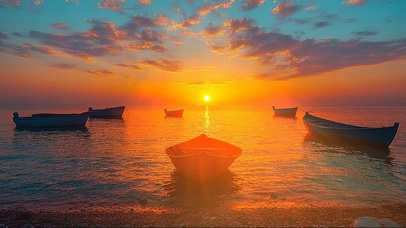 静谧落日海岸木船