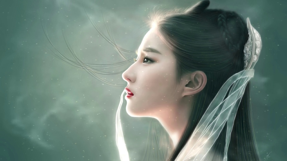 古风白衣女子侧脸近景，发髻配镂空发饰与薄纱飘带，背景是青绿雾感与细碎浮尘。