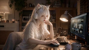 深夜办公的白发猫耳美少女