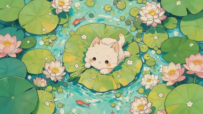 荷花荷叶上猫咪