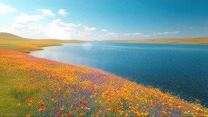 蓝天清新鲜花湖畔
