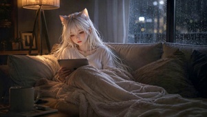 雨夜居家白发猫耳美少女